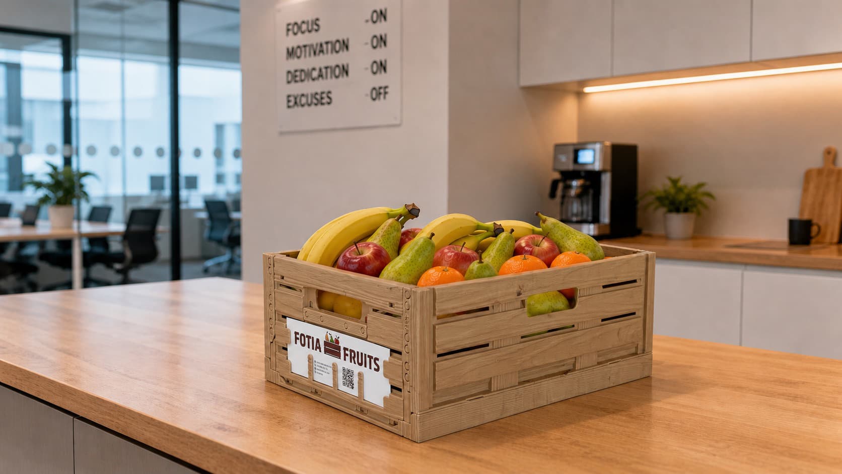 Cesta de fruta sobre una mesa de oficina moderna