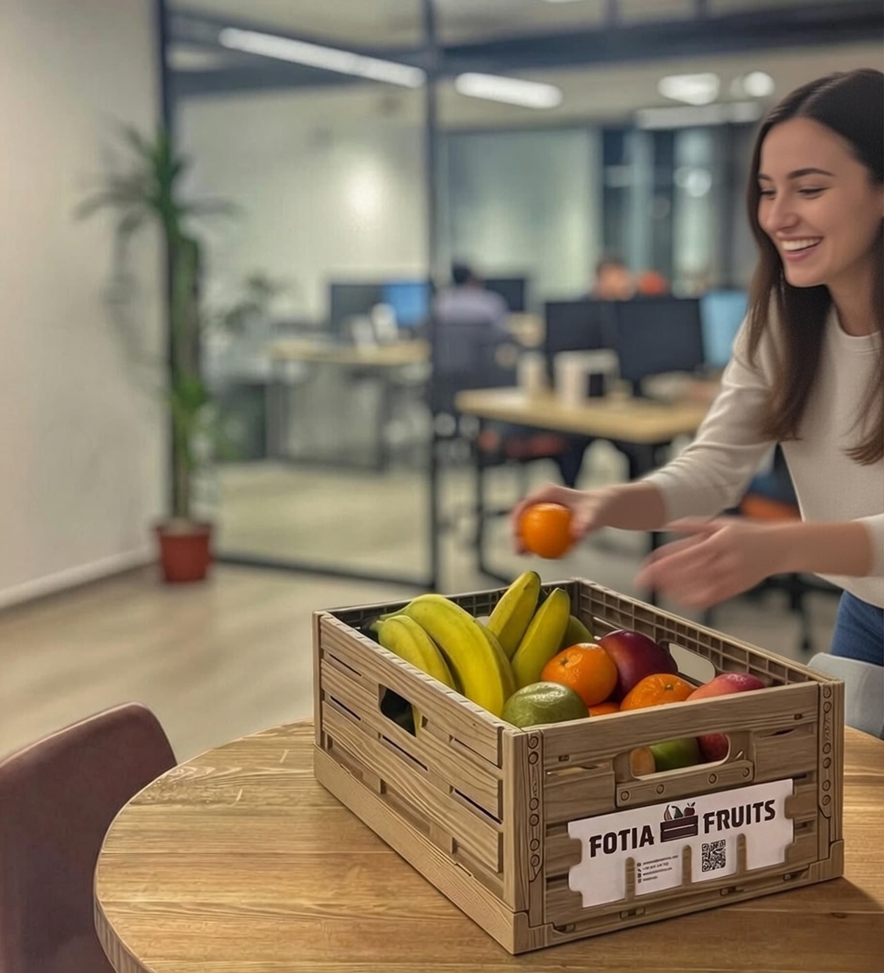 Persona eligiendo fruta de una cesta de Fotia Fruits en una oficina